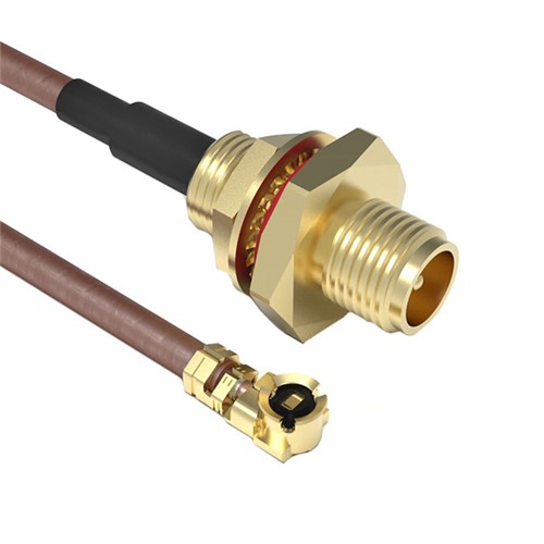 SMA Female bulkhead connector (KM-011022-R1), right angle MMCX connector (KM-011048-R1), 130mmloom, RG178 low loss cable, Gold plating thickness 5u&quot; AU, welded construction, adhesive heatshrink,rubber gasket included and fitted, nuts and washers supplied seperately in bags