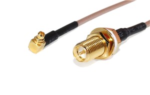SMA Female bulkhead connector (KM-010119-R2) with sealing O-ring, right angle MMCX connector(KM-011048), 60mm RG316 low loss antenna cable, Gold plating thickness 5u&quot; AU, weldedconstruction, adhesive heatshrink, rubber gasket included and fitted, nuts and washers suppliedseperately in bags
