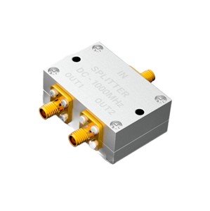 SMA 50-ohm Power splitter, 2W, 1 x female SMA input, 2 x female SMA output, custom label, 38mm x25mm x 15mm miniature body size, as per approved specifications and samples