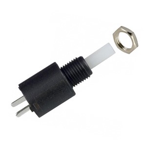 Subminiature pushbutton switch, 1A 125VAC/28VDC rated, momentary off function (normally open),SPST, 10,000 cycle electrical life, 1/4-40 thread, PC through hole pins, silver contact material,epoxy sealed