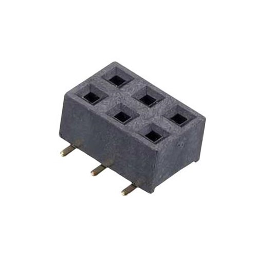 6-Pin SMD Dual row, 2.54mm pitch, bottom entry (through PCB) socket, 3.55mm height, Gold flash,PCB locating pegs, pick and place pad fitted, PA9T UL94V-0 insulator material