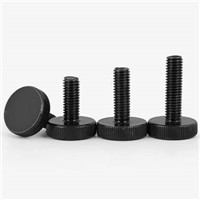M4 x 10mm Thumb screw, machine thread, flat 12mm diameter head, knurled edge, carbon steel,black Zn coating