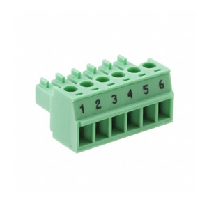 6-way Euro Type pluggable terminal block, 3.81mm pitch, 300V 8A rated, 0.2mm2 to 1.5mm2 wire crosssection (16-26AWG),  PA66 housing (dark green), UL, cUL, CE, VDE approved, PRINTED NUMBERS 1-6