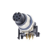 8-pin M12 Right angle female PCB mount connector, screw lock, metal construction, shielded, 30V, 2Anominal current, IP67 ingress protection