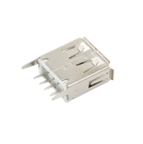 USB "A" Connector, vertical PCB mount, white, locking solder tabs, gold flash pins