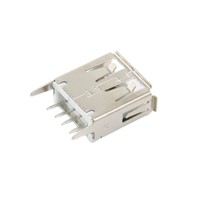 USB "A" Connector, vertical PCB mount, white, locking solder tabs, gold flash pins