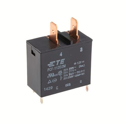 12VDC 25A 250VAC Miniature relay, 900mW, 6370VA max switched power, AgSnO contact material, 1 FormA, NO contacts, 6.3mm QC terminals, UL, CSA, TUV approved