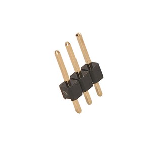 3-Pin Vertical mount 2.54mm PCB header, gold plated, 6mm contact pin length, 2.5mm PCB pinlength, 2.54mm insulator height, 11.04mm total height, PBT UL94V-0 black insulator, -40c to+105C operating temperature range