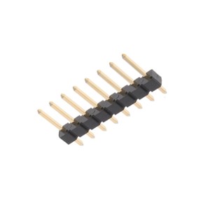 8-Pin Vertical mount 2.54mm PCB header, gold plated, 6mm contact pin length, 2.5mm PCB pinlength, 2.54mm insulator height, 11.04mm total height, PBT UL94V-0 black insulator, -40c to+105C operating temperature range
