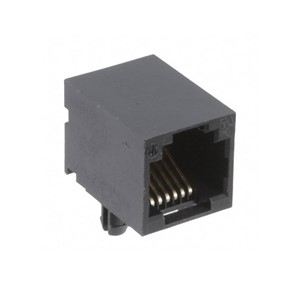 RJ11 6P6C Modular jack connector, 6-pin, gold contact finish (50u"), polyamide housing material,right angle PCB mounting, board locking posts, -55C to +85C operating temperature range