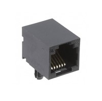 RJ11 6P6C Modular jack connector, 6-pin, gold contact finish (50u"), polyamide housing material,right angle PCB mounting, board locking posts, -55C to +85C operating temperature range