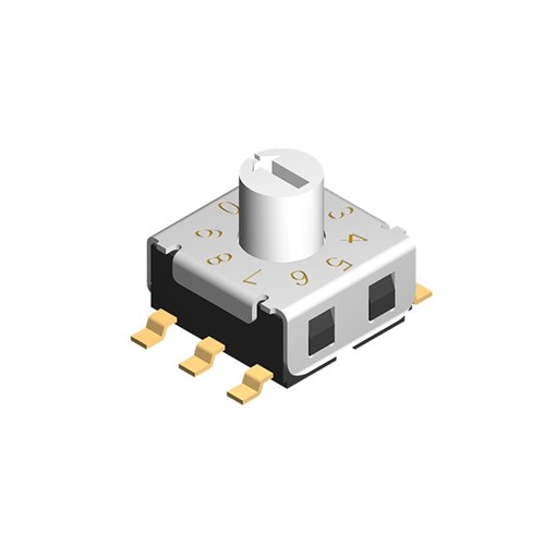 10-Position hexadecimal rotary encoder switch, SMD 6-pin, 24VDC 25mA contact rating, -40C to +85Coperating temperature range, 20,000 step operating life