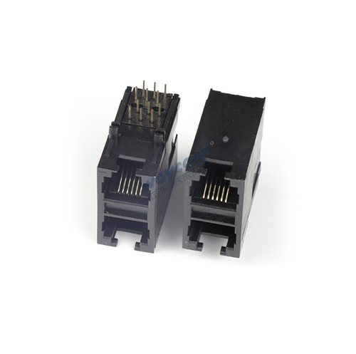 RJ12 Dual stacked connector right angle PCB mount 6P6C PBT black polyester chassis UL-94V-0 hardGold plated pins PCB mounting pegs