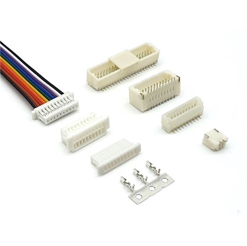8-Pin SMD 1mm Right angle, locking, shrouded, male header connector, UL94V-0 Nylon 6T, Tin platedpins, 50V 1A rated