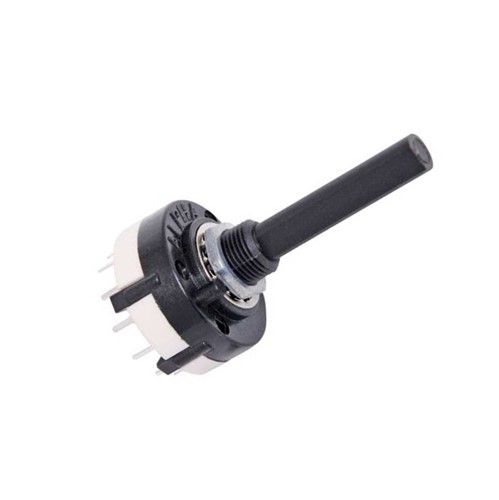 PCB Mounting rotary encoder switch, 2-pole, 2-position, 12-pin, 30mm shaft length, silverplated contact, 250VAC 150mA contact rating, 1.2mm PCB pins