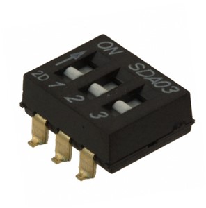 3-Position SPST SMD DIP Switch, 6-pin (gullwing), 24VDC 25mA rated, gold plated pins, 1000 cyclemechanical/electrical life