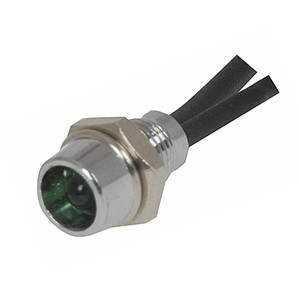 High brightness 3mm Green LED with chrome panel mount casing, comes with washer and nut formounting, flying leads, 12V operation, 6mm diameter
