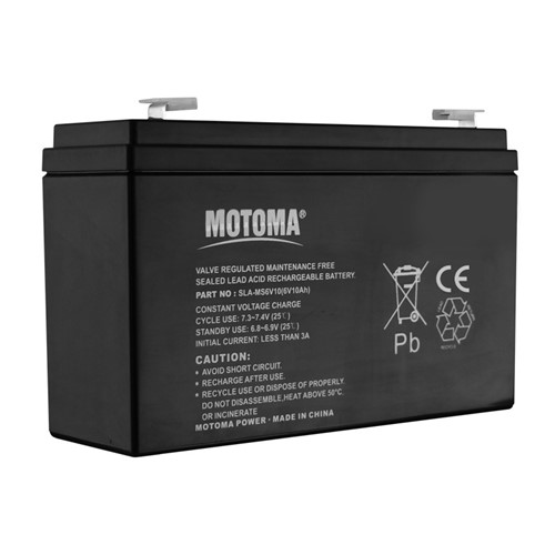 6V 10Ah Sealed lead acid VRLA battery, long life, professional-grade quality, high reliabilitydesign, ABS (UL94-HB) case, 150A maximum discharge current, built with super heavy duty grid withhigh performance plates and electrolyte, -20c to +50c operating temperature range, lowself-discharge performance.

- 151mm (L) x 50mm (W) x 94mm (H) case size - F1 tab terminals (4.75mm QC type)- 1.500KG weight

Maintenance free, spill proof, leak proof design, can be used in vertical or horizontal orientation.

For use in alarm systems (fire and security), childrens electric cars, RV applications, portablelighting, motorcycle starting,  motorized ducks, kontiki, UPS, EPS.

12-Month Original manufacturers quality and performance gaurantee.

Safety approvals: IEC60896-21/22, JIS C8704, YD/T799, BS6290:4, GB/T 19638, UL1989.