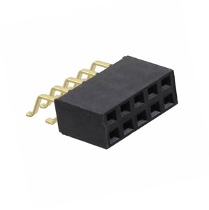 10-Pin SMD Dual row right angle PCB socket, 2.54mm pitch, 13.06mm overall length, 10u&quot; Gold platedphosphor bronze pins, black LCP insulator material