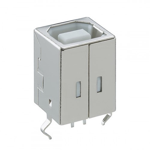 USB "B" Connector, vertical PCB mount, black housing, locking solder tabs, gold flash pins