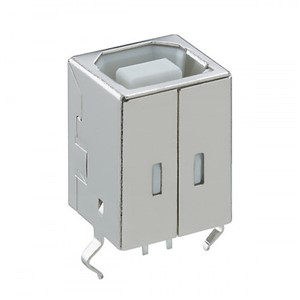 USB "B" Connector, vertical PCB mount, black housing, locking solder tabs, gold flash pins