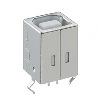 USB "B" Connector, vertical PCB mount, black housing, locking solder tabs, gold flash pins