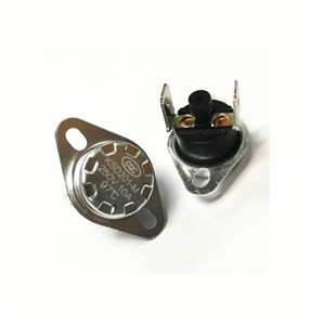 KSD201/PF Custom thermostat 50 degree C (off) 40 degree C (on) with vertical spade terminals (tinplated brass) and custom low profile body/flange. VDE/TUV approval