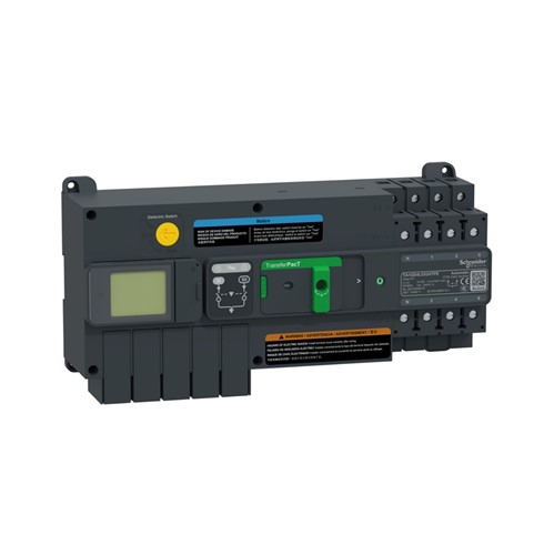 63A TransferPacT Active automatic transfer switch, 4-pole, AC network, integrated LCD, 400VAC 50/60Hzoperational voltage, push-button control, plate and DIN-rail mounting, 15kA short circuit makingcapacity at 400VAC 50Hz (switch disconnector alone), 8,000 cycle mechanical endurance, IP40,IEC 60947-6-1