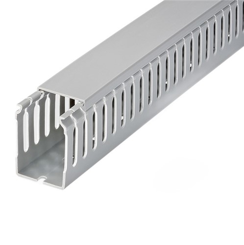 60mm x 25mm Slotted wiring duct, 8mm slot, 350mm length, grey PVC, UL94V-0 and M1 flame rated,service temperature +85C, clip on cover