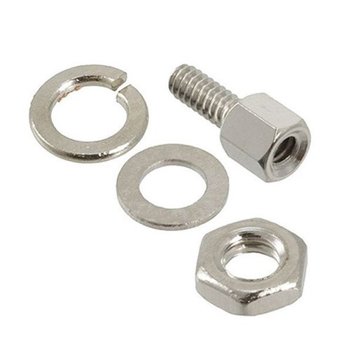 D-SUB Connector mounting kit, includes the following hardware:

1 x H4.7 x 11.8mm D-SUB #4-40UNC Screw 1 x H4.95 x 1.9mm D-SUB #4-40UNC Nut1 x 5.3mm x 3.2mm D-SUB M3 Spring Washer 1 x 5.3mm x 3.2mm D-SUB M3 Flat Washer


Nickel plated steel/brass, ROHS approved