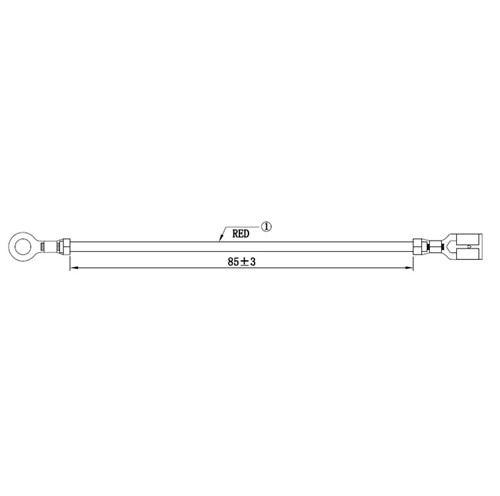 85mm +/-3mm Custom loom, red UL1015 18AWG wire, terminated with 8.3mm ring terminal, 6.3mm QCterminal, as per approved drawings and samples (AL030327-1800), Revision 01, 16th August 2018