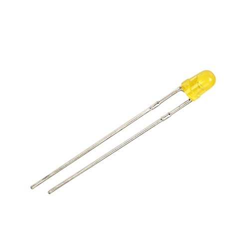 Yellow 3mm T1 LED, 15mcd 588nm, 1.95Vf 10mA, 50 degreeviewing angle, 2.54mm PCB pitch, diffused yellow lens